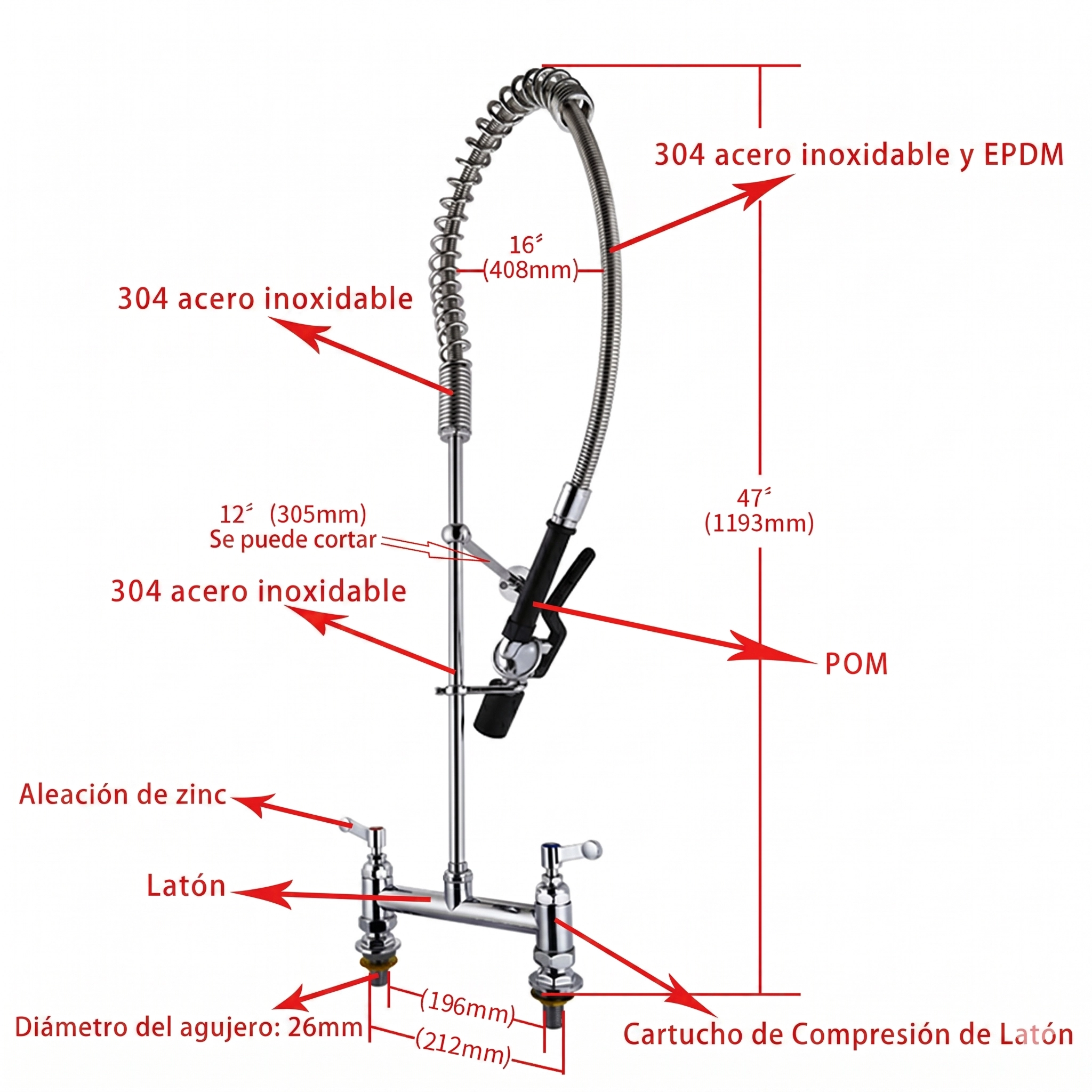 Llave Prewash repuesto para prelavado en cocina profesional, modelo chorro y ducha Bravoinox