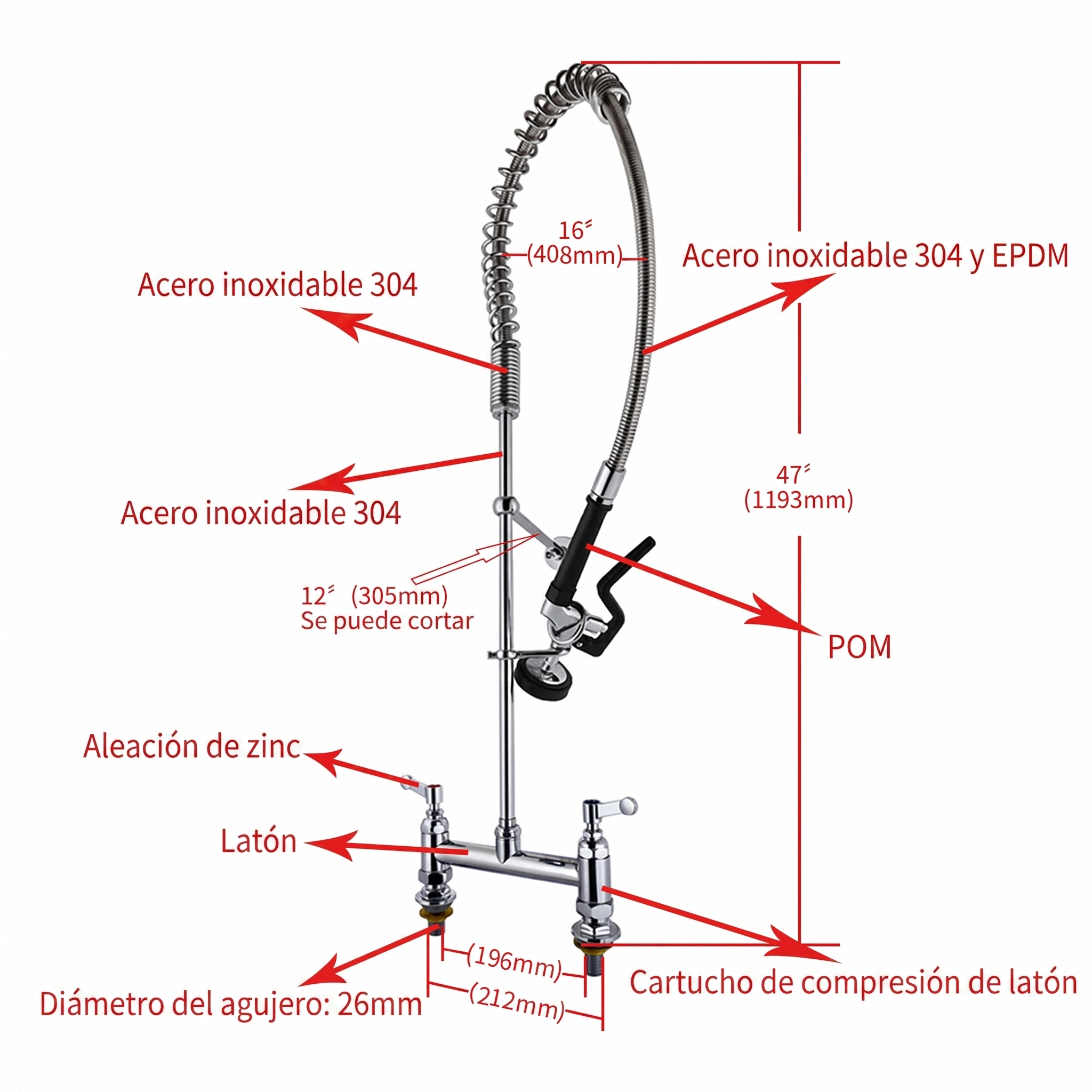 Llave Prewash repuesto para prelavado en cocina profesional, modelo chorro y ducha Bravoinox